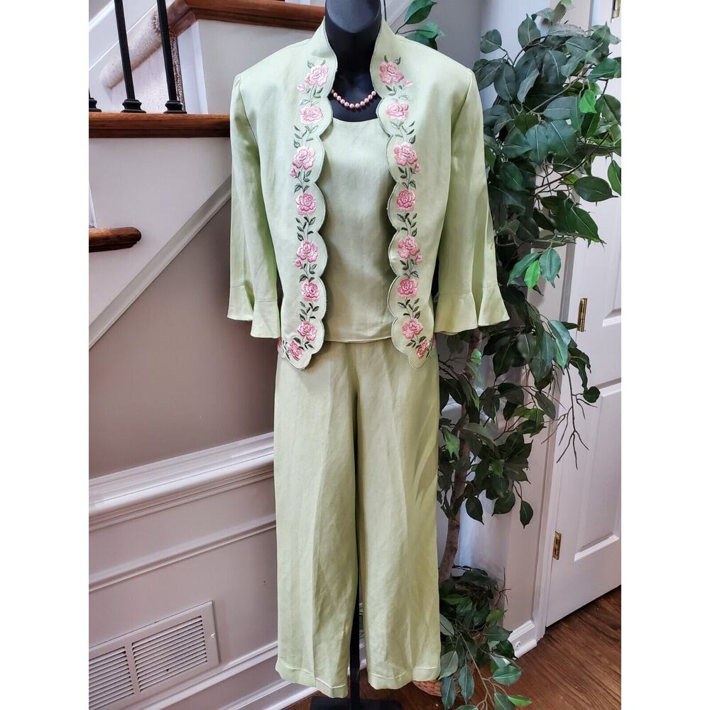 Coldwater Creek Women's Green Single Breasted Blazer, Top & Pant 3 Pcs Suit 8